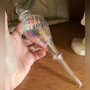 Art Glass Finial Christmas Ornament Iridescent Clear Hand Blown Suncatcher 8”